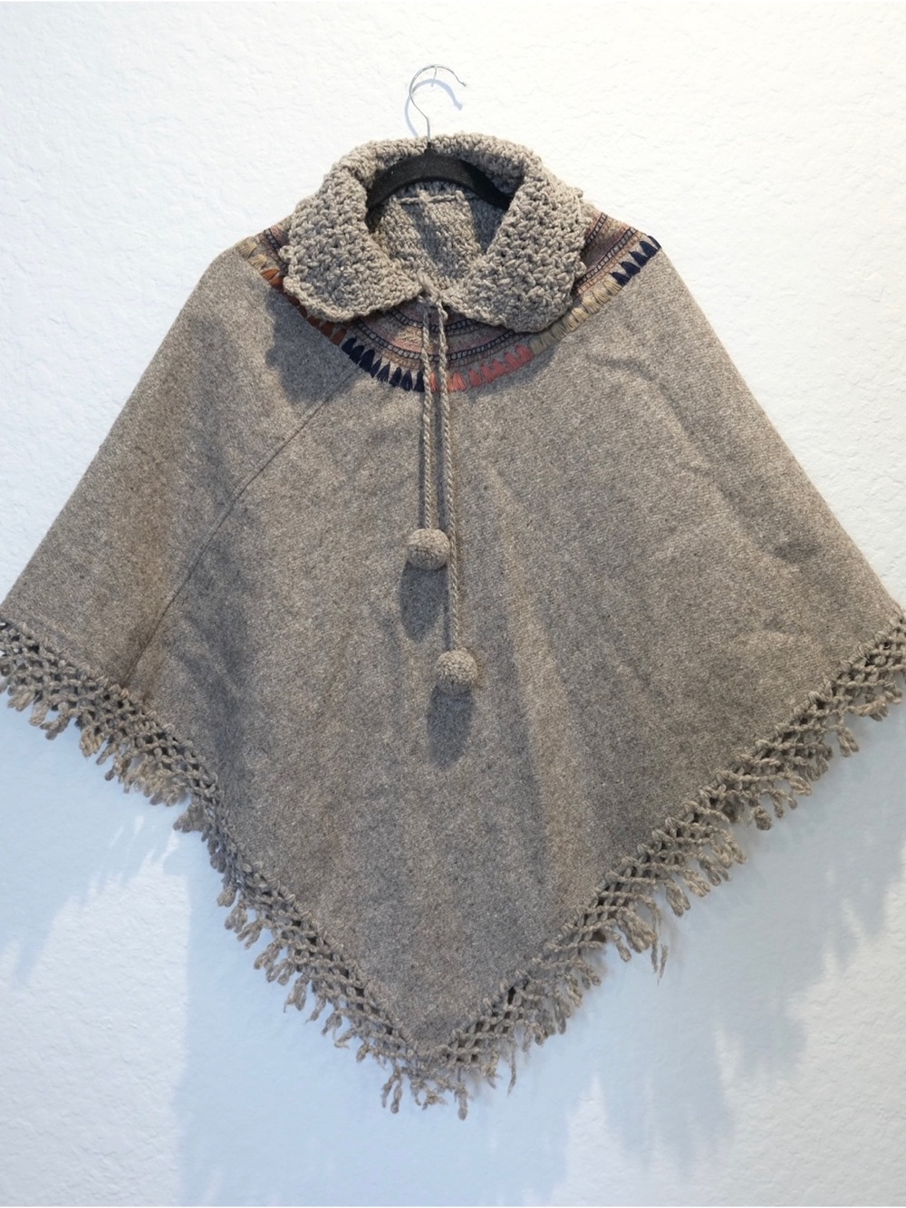 Crochet and Wool Embroidered Poncho One Size Oatmeal Multi Pom Poms Fringe